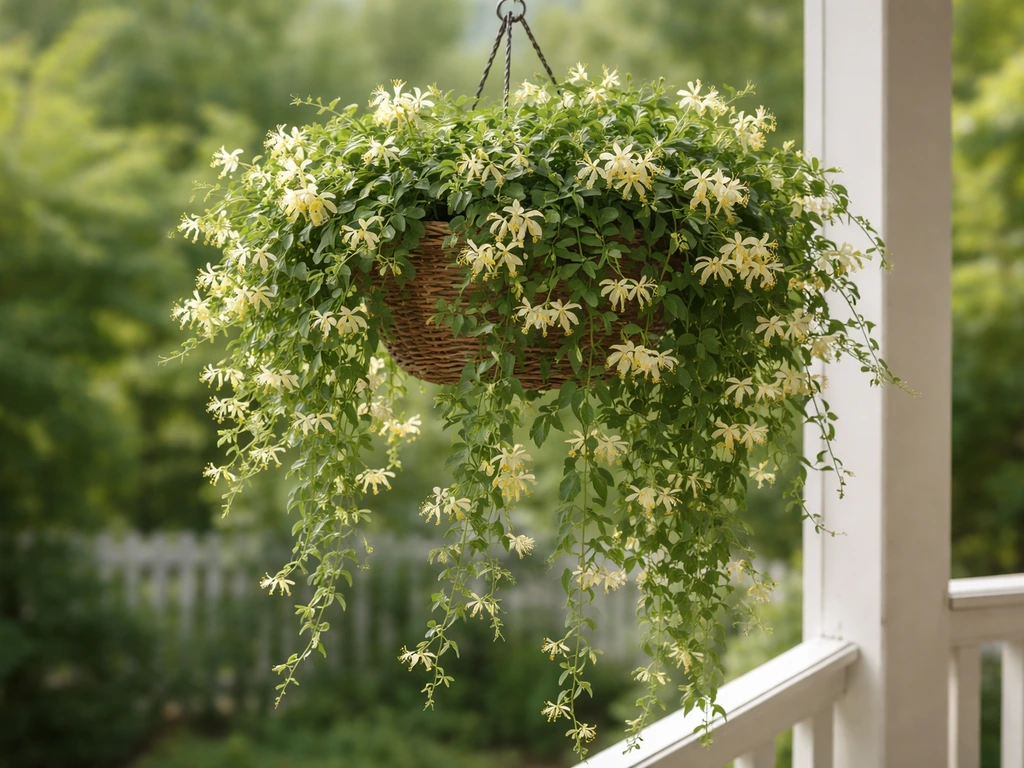 Lush honeysuckle overflowing from a hanging basket with trailing vines and soft blooms.