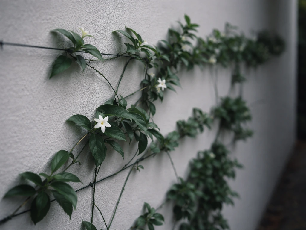 Star jasmine trained along a dim north-facing wall, with sparse blooms highlighting limited light.