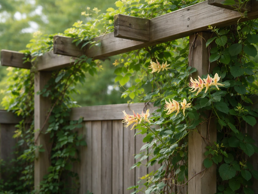 Honeysuckle vines with tubular blossoms climbing a pergola near a fence in soft natural light