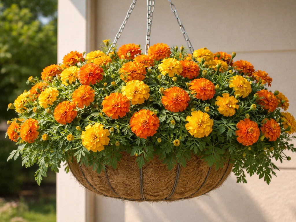 Thriving hanging basket of blooming dwarf marigolds cascading in full sun, vivid orange and gold flowers.