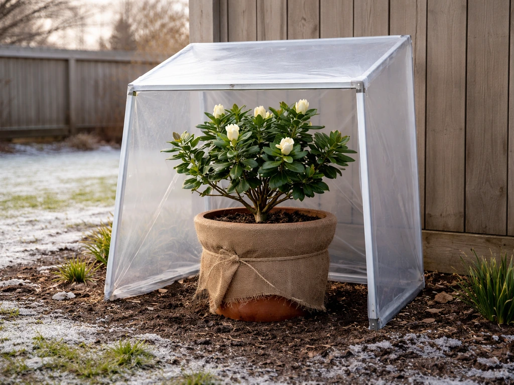A potted gardenia protected from cold with a simple cold frame in a Chicago winter-to-spring garden.