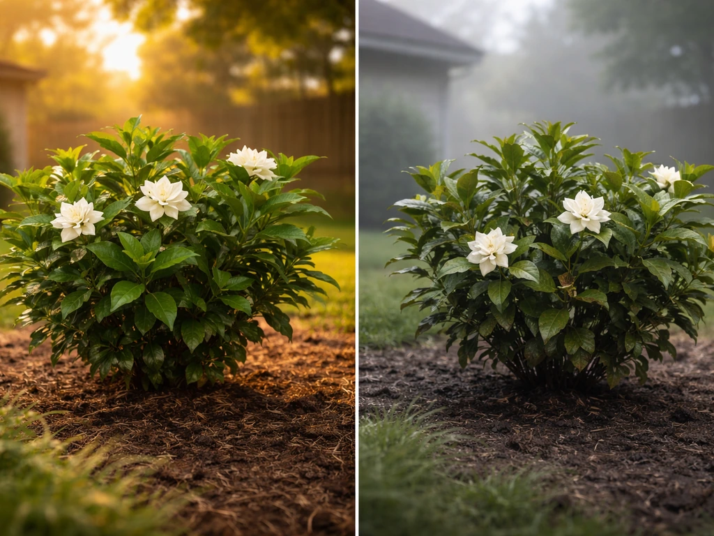 Split view of southern Illinois gardenia-friendly warmth vs a Chicago-area cooler, misty microclimate.