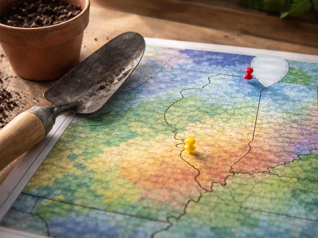Close-up of a hardiness-zone map showing Illinois with pushpins and gardening tools on a table.