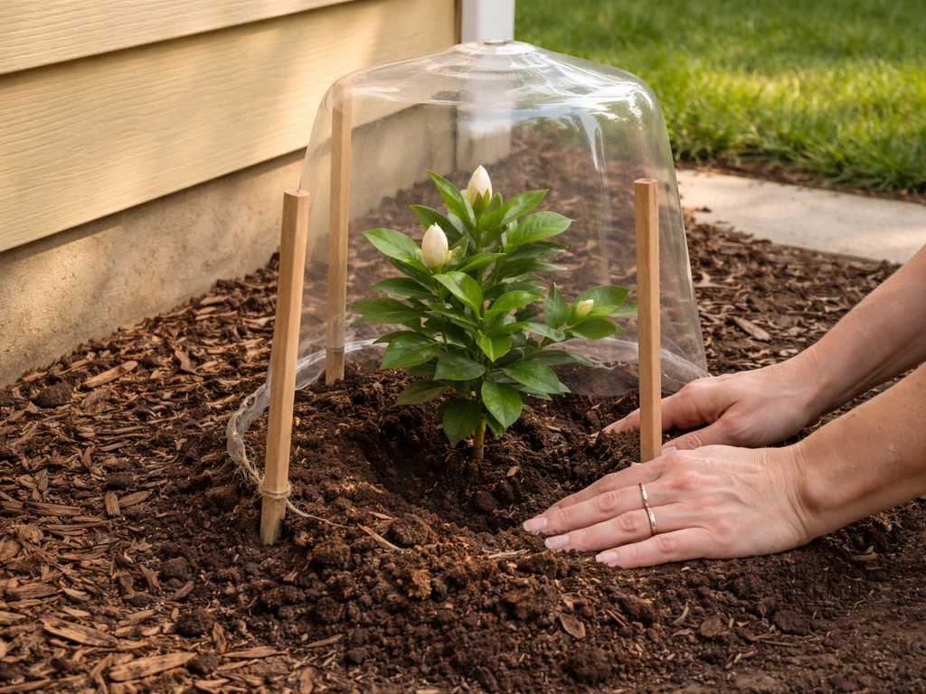 Gardenia sapling planted beside a house wall, protected with stakes and a small micro-shelter in spring.