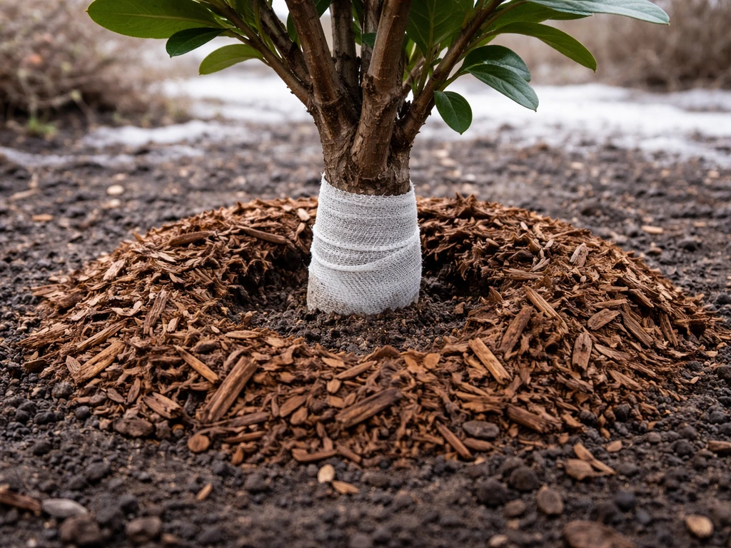 Gardenia base wrapped with insulation and ringed with 2–3 inches of mulch before frost/snowfall.
