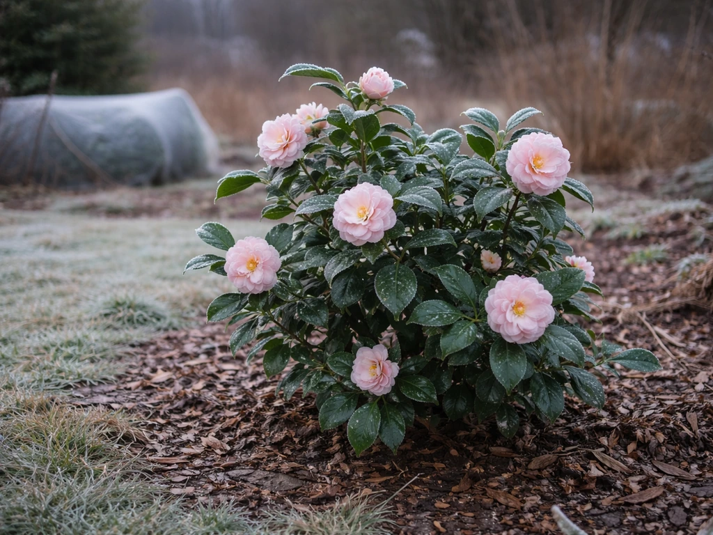 Thriving camellia with frost-dusted leaves and pale pink blooms beside slightly winter-stressed garden ground.