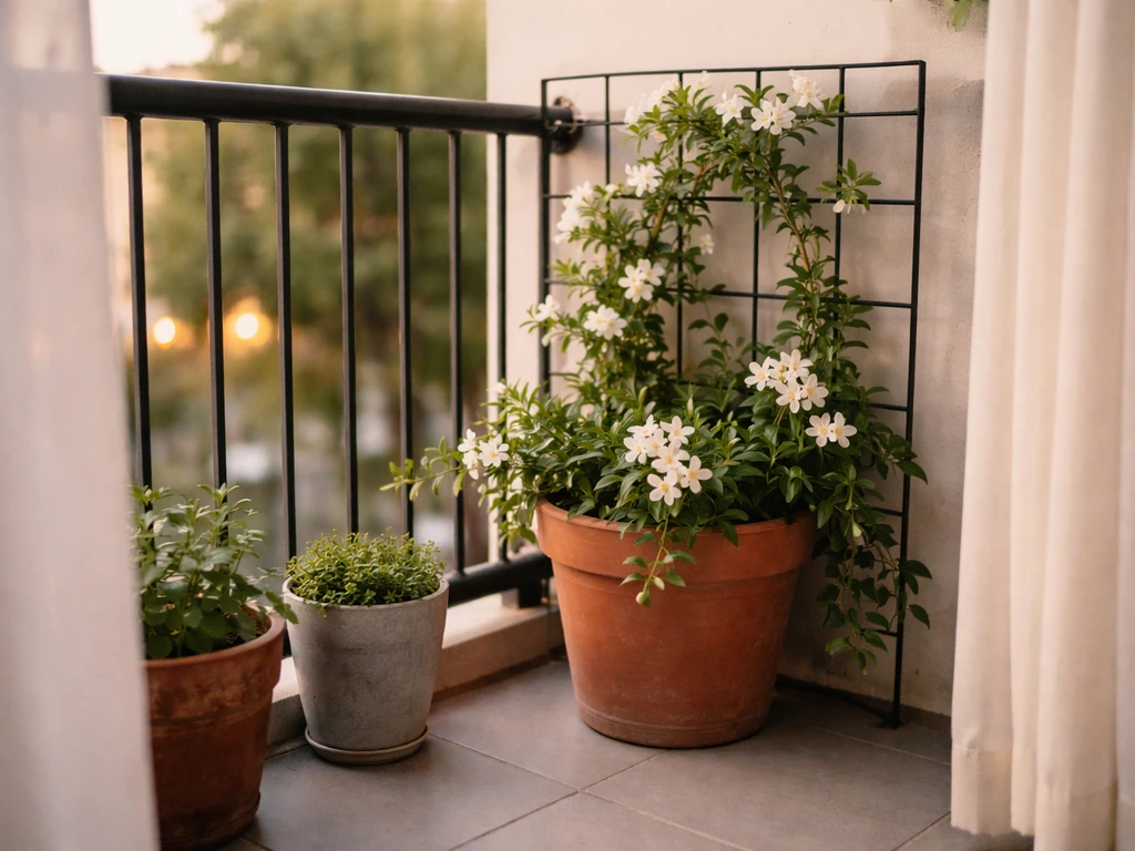 Balcony with potted jasmine vine climbing a small trellis and blooming flowers in soft natural light.