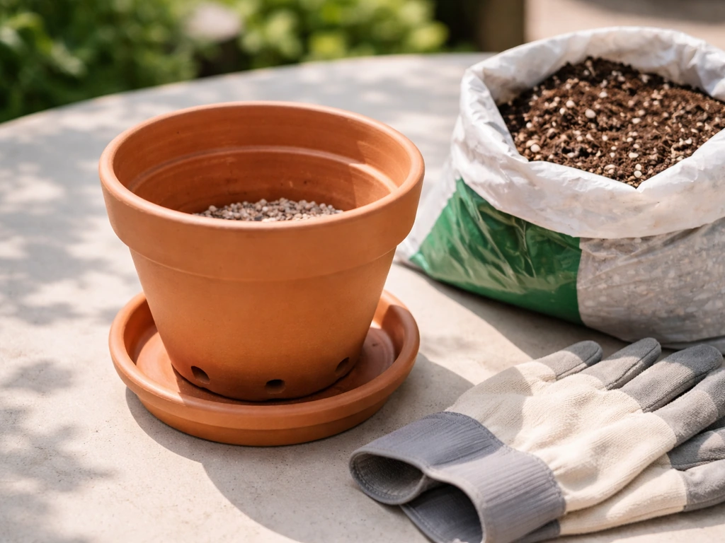 Terracotta jasmine pot setup with visible drainage holes, coarse mix layer, and saucer underneath.