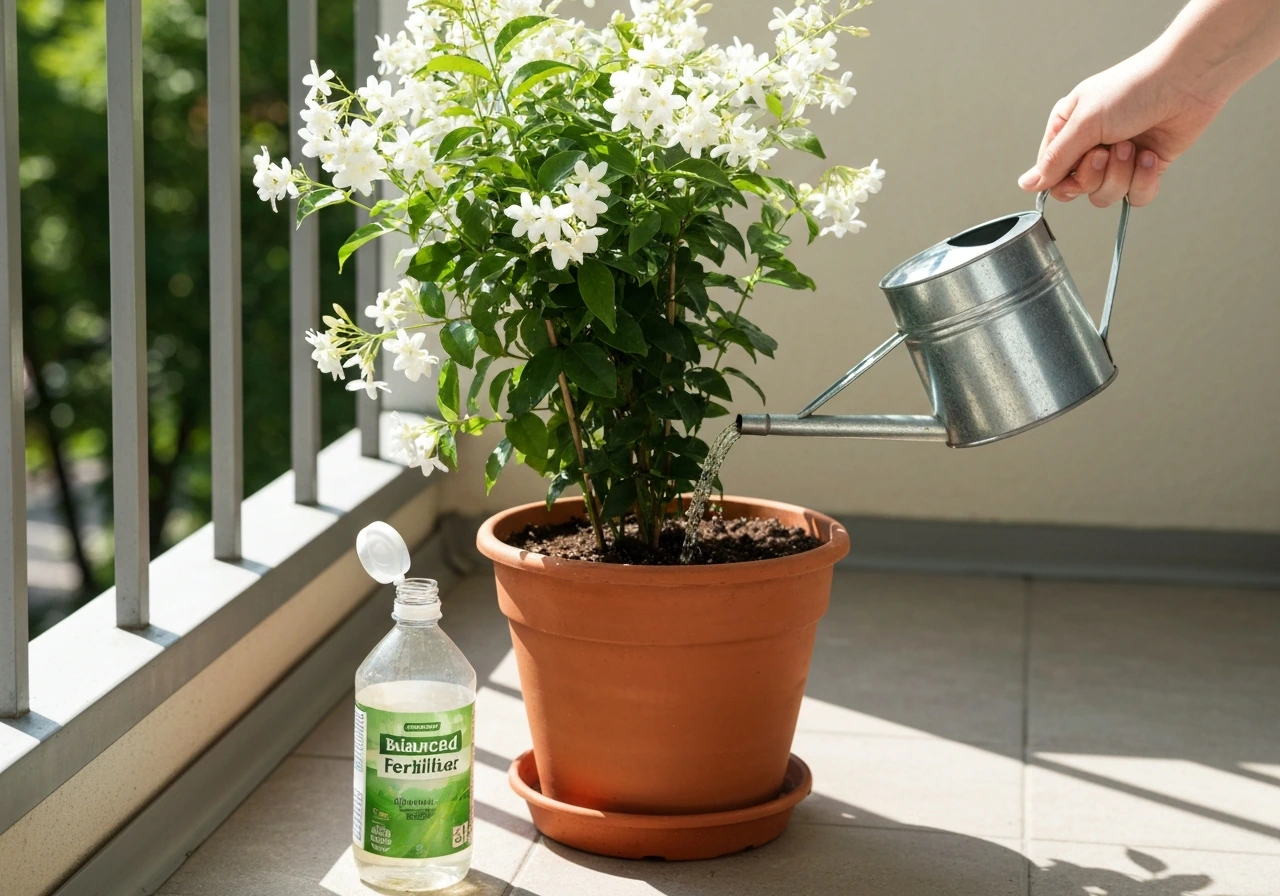 Balcony jasmine in a pot being watered at the base, with a liquid fertilizer bottle nearby.
