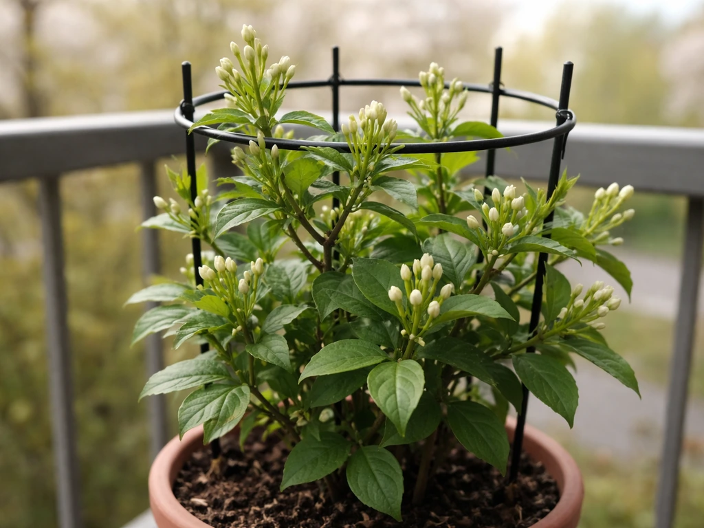 Close-up of balcony jasmine shoots and buds on a trellis after moving outdoors in spring light.