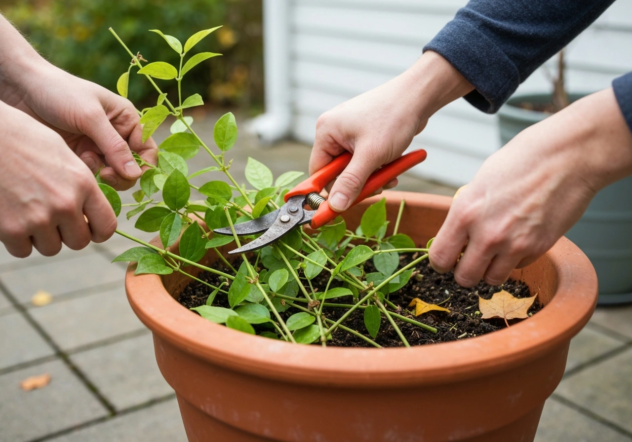 Gardener prunes jasmine stems in a terracotta container with pruning shears on an autumn patio.