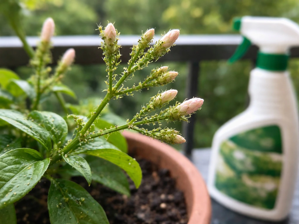 Close-up of green aphids clustered on jasmine buds with a nearby insecticidal soap spray bottle.