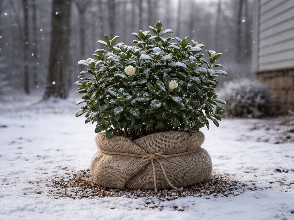 Gardenia shrub near snowy Michigan ground, wrapped in burlap for winter protection.