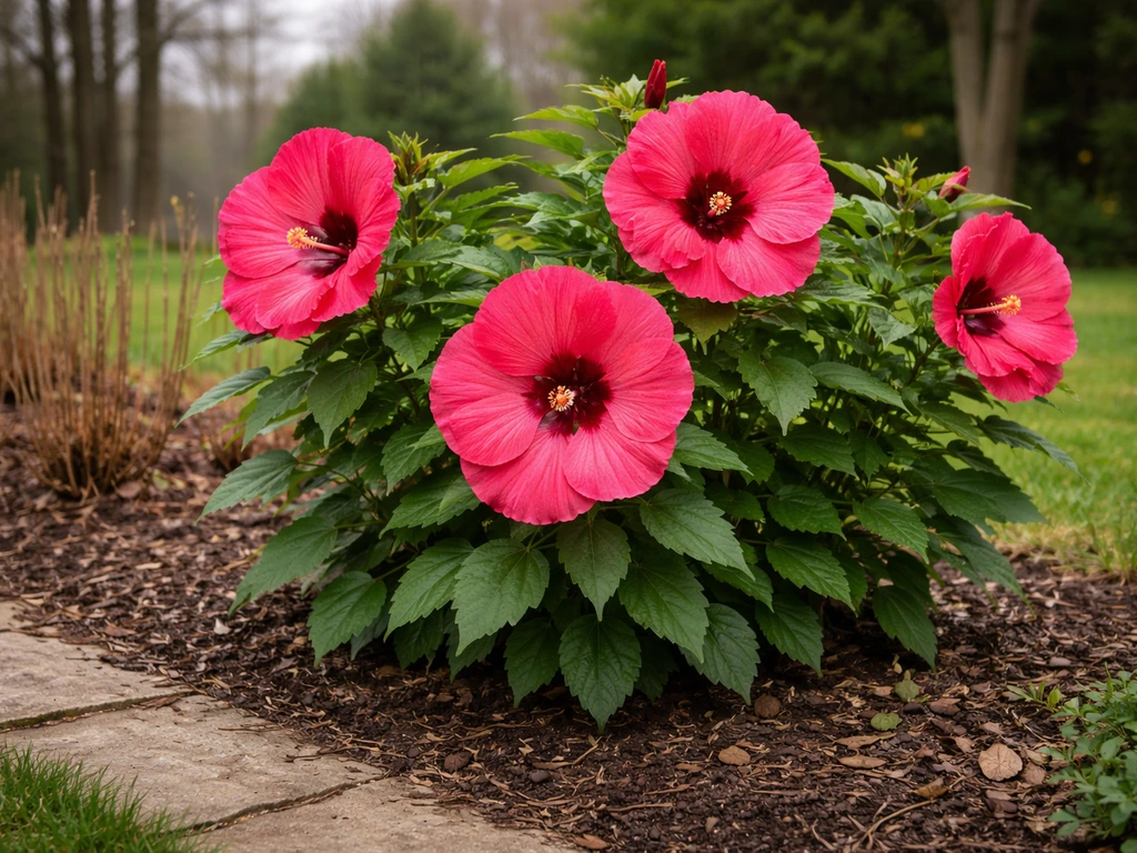 Hardy hibiscus blooms in a Pennsylvania garden bed during summer with clear cold-season context nearby