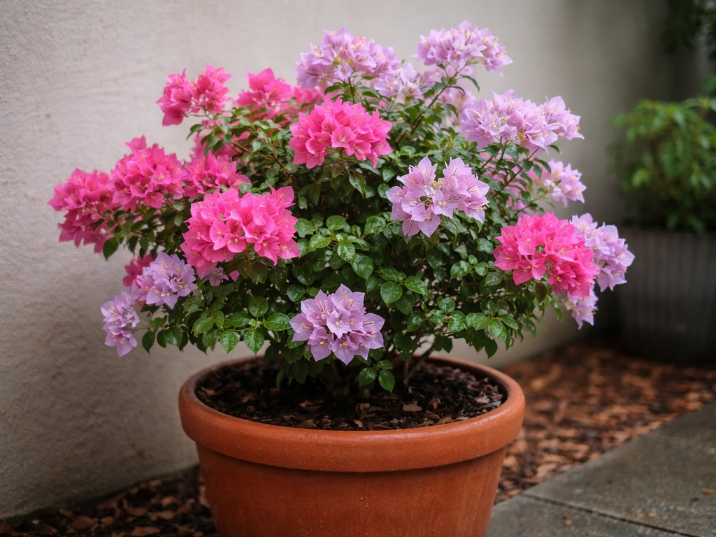 Compact bougainvillea in a terracotta pot with bright bracts on a Seattle patio, natural light.