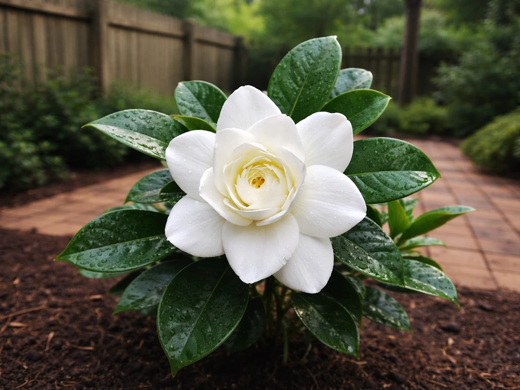 Close-up of a blooming gardenia shrub in a backyard garden with a softly blurred Tennessee-style backdrop.