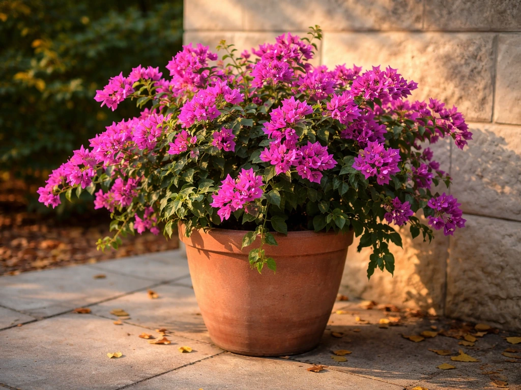 Thriving potted bougainvillea on a patio with Massachusetts summer-to-fall seasonal light and a stone wall.