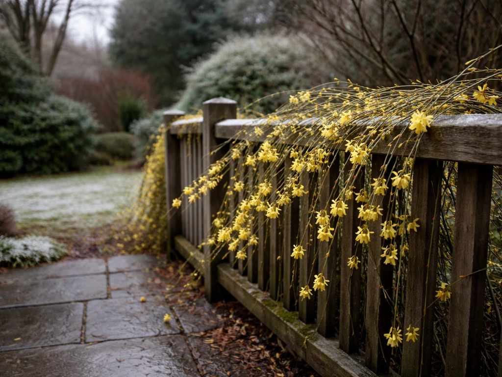 Winter jasmine blooms along a garden fence in a Seattle-area winter patio setting.