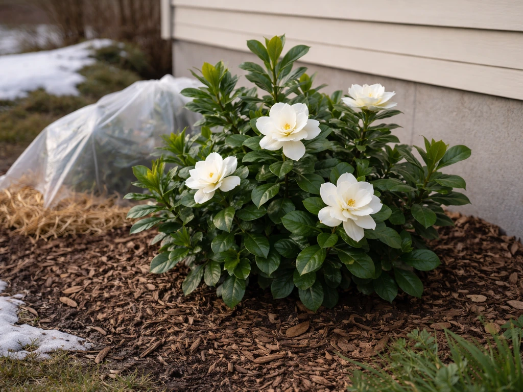 White gardenia blooms thriving in a mulched northern garden border with light frost-season protection.
