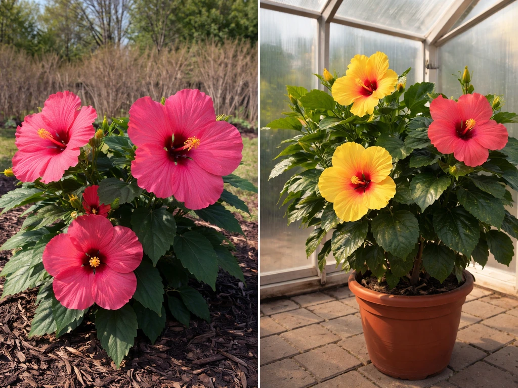 Split photo: hardy hibiscus blooming in a Canadian garden vs tropical hibiscus in a greenhouse pot.