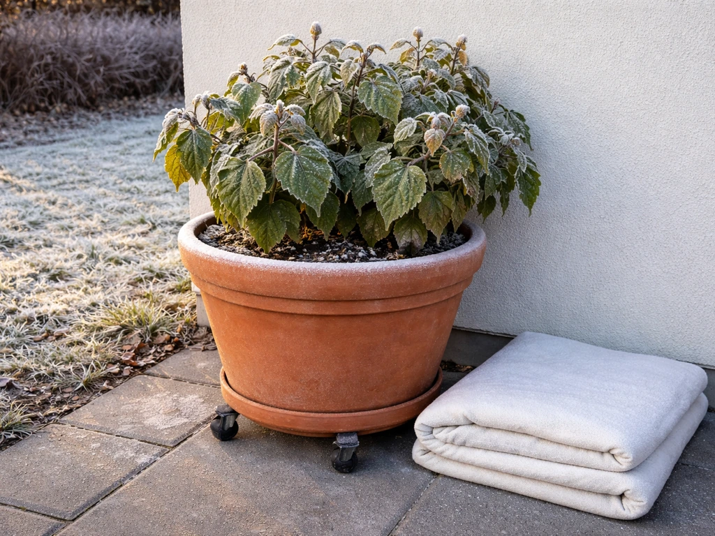 Hibiscus in a large wheeled pot with frost blanket staged beside it near a wall.