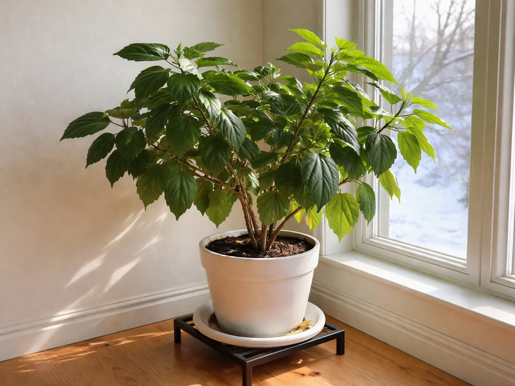 Potted tropical hibiscus near a bright south-facing window indoors with visible leaves and stems