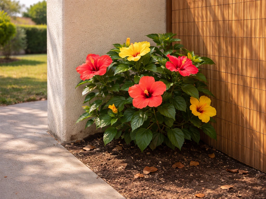 Hibiscus plant in a sheltered warm spot beside a south-facing wall and protected paved area.