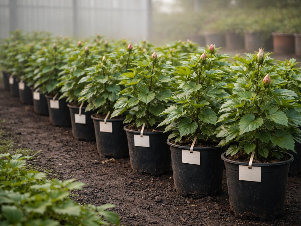 Minimal nursery row of hardy hibiscus in pots with small blank plant tags, suited for colder Canadian zones.