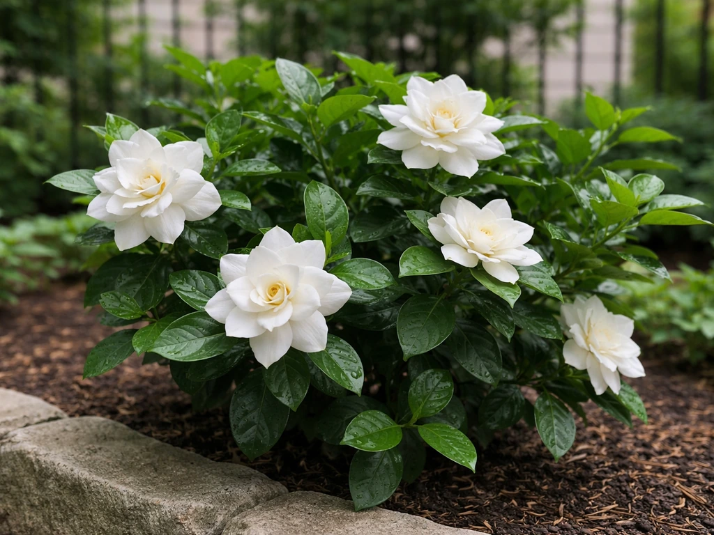 Close-up of a gardenia shrub with glossy leaves and white blooms in a New York-style garden