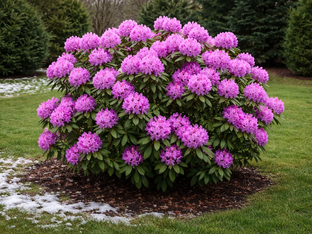 Lush rhododendron blooms in a Wisconsin yard with cool seasonal background suggesting cold-tolerant success