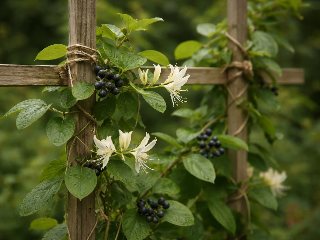 Close-up of honeysuckle vines with small white flowers and berries climbing a trellis in soft daylight.