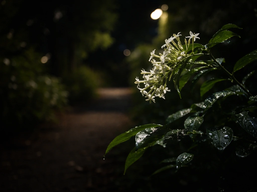 Night-blooming jasmine flowers glowing on a single plant in a dim garden at night