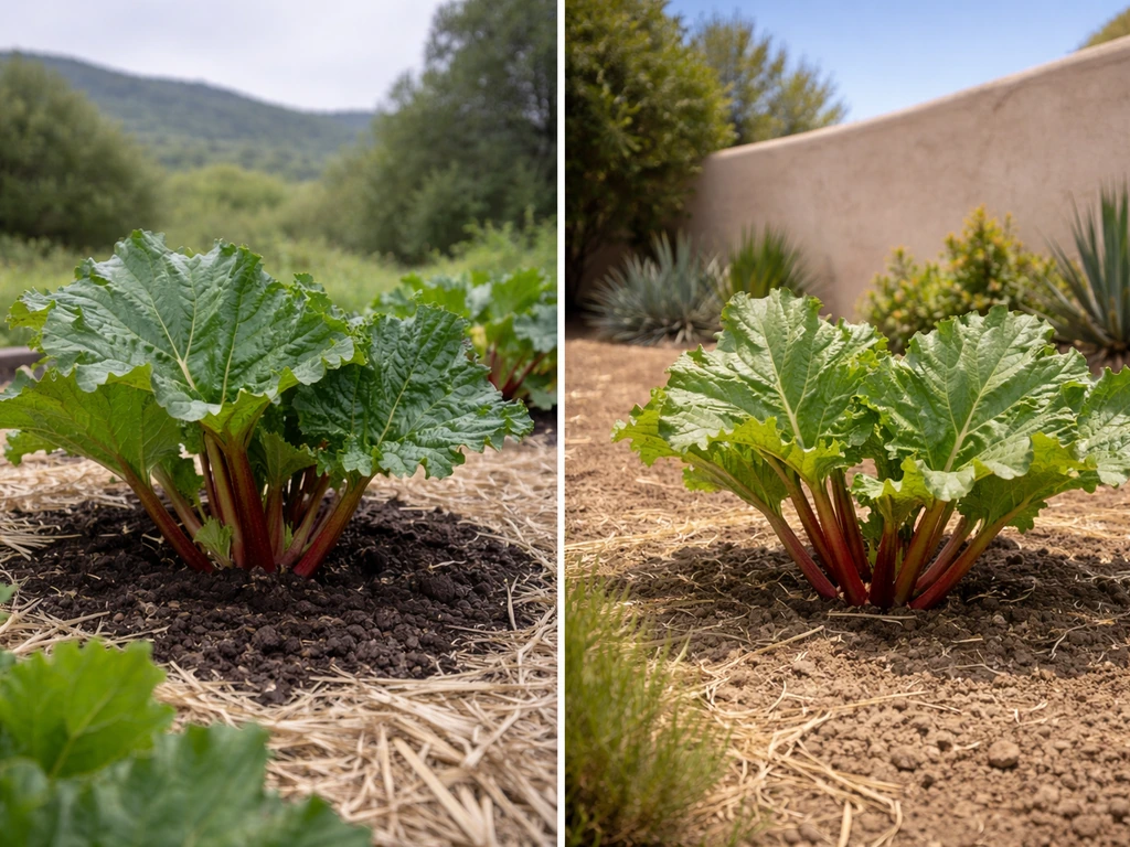 Split image: rhubarb thriving in a Northern California cool garden bed vs a warmer Southern California landscape.