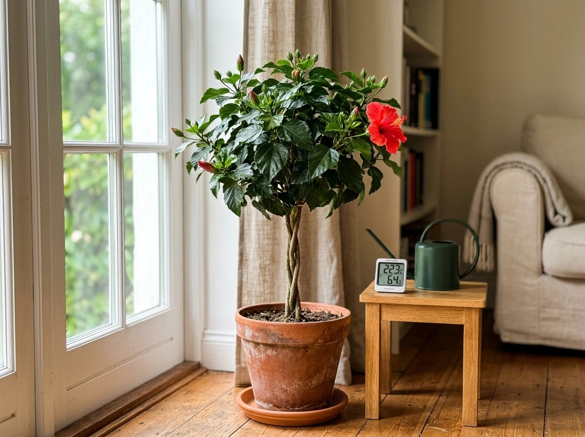 Indoor hibiscus growing successfully under bright light in a pot near a sunny window