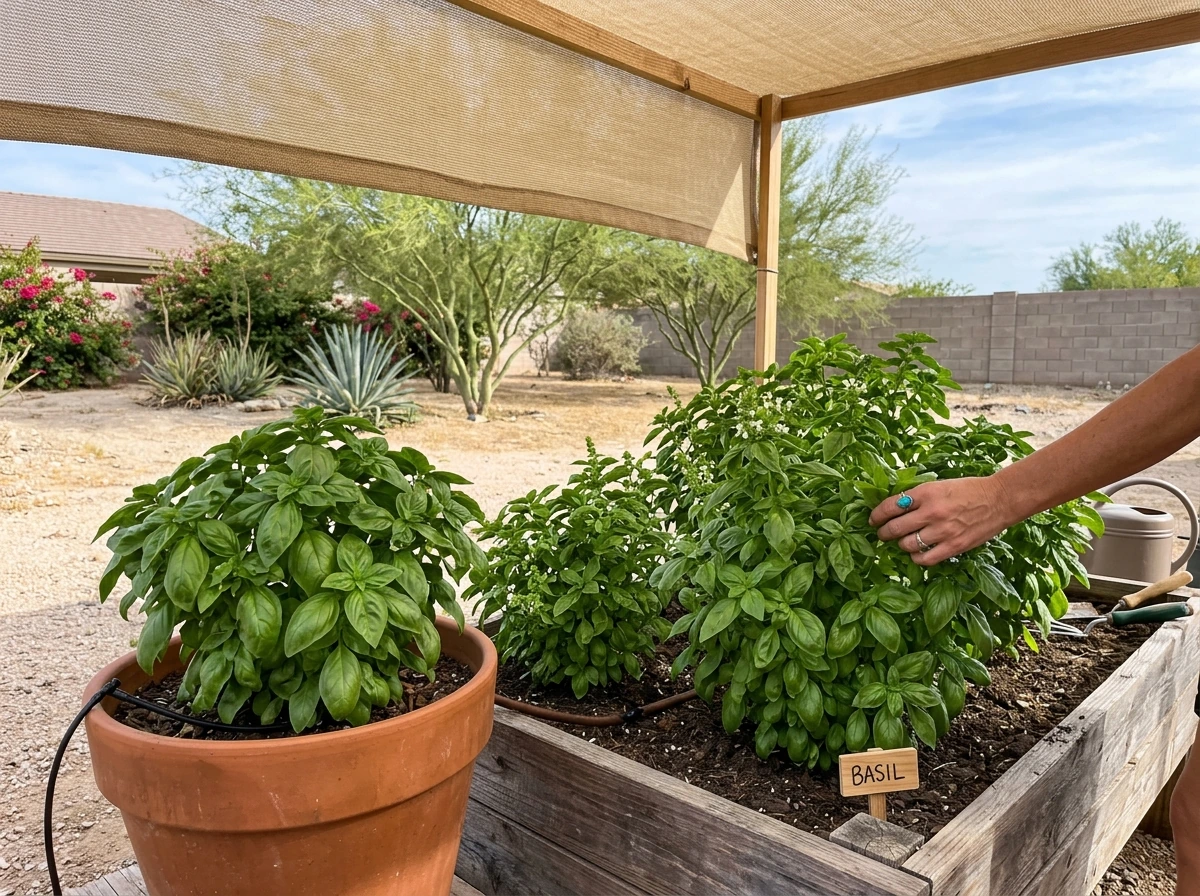 Fresh basil plants thriving in a Phoenix yard with shade cloth and warm sunlight