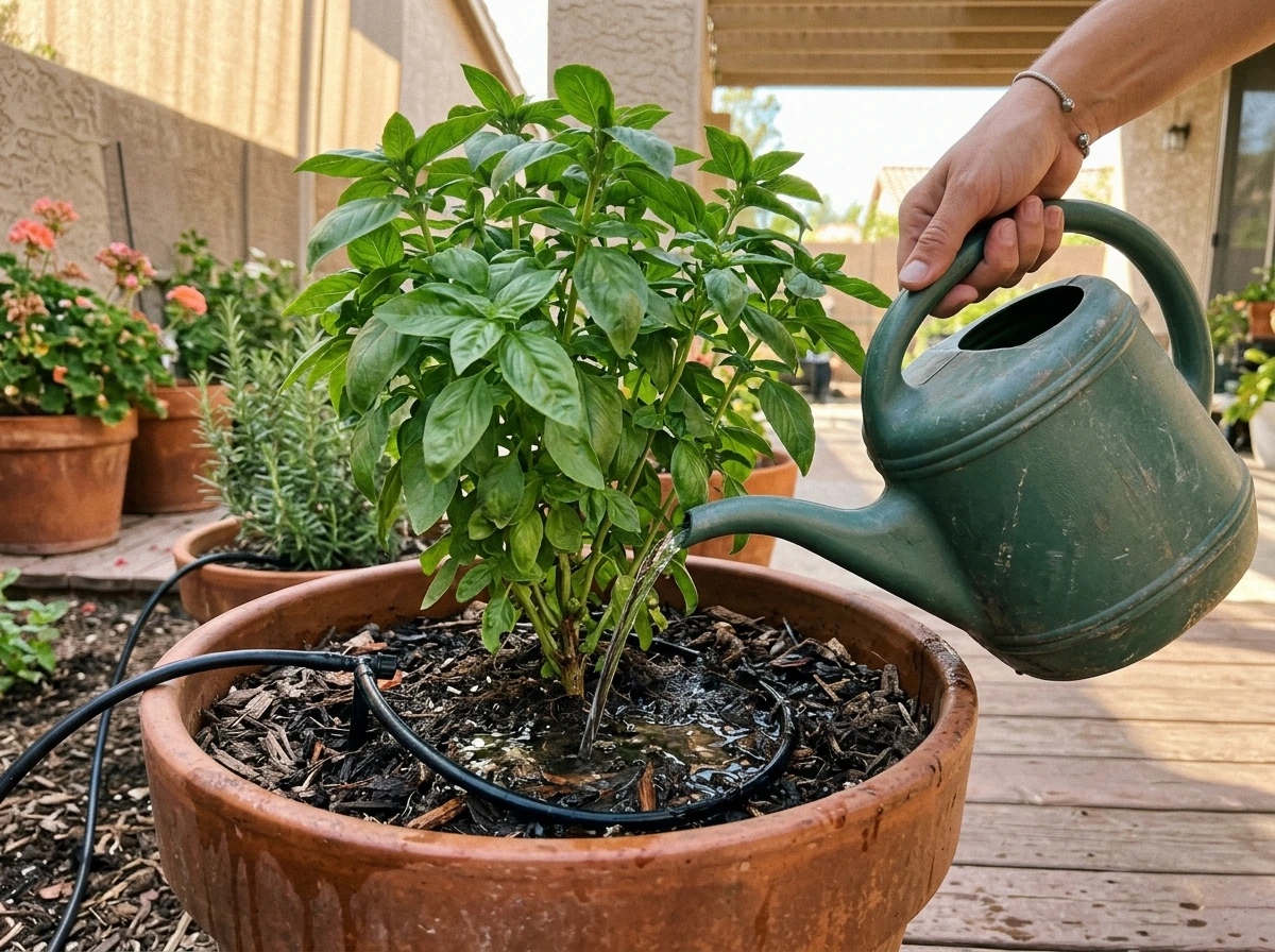 Basil being watered at the base of a container in Phoenix summer