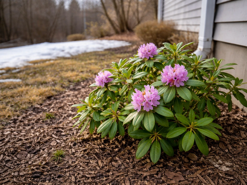 Cold-hardy rhododendron with early spring blooms in a sheltered Minnesota garden.
