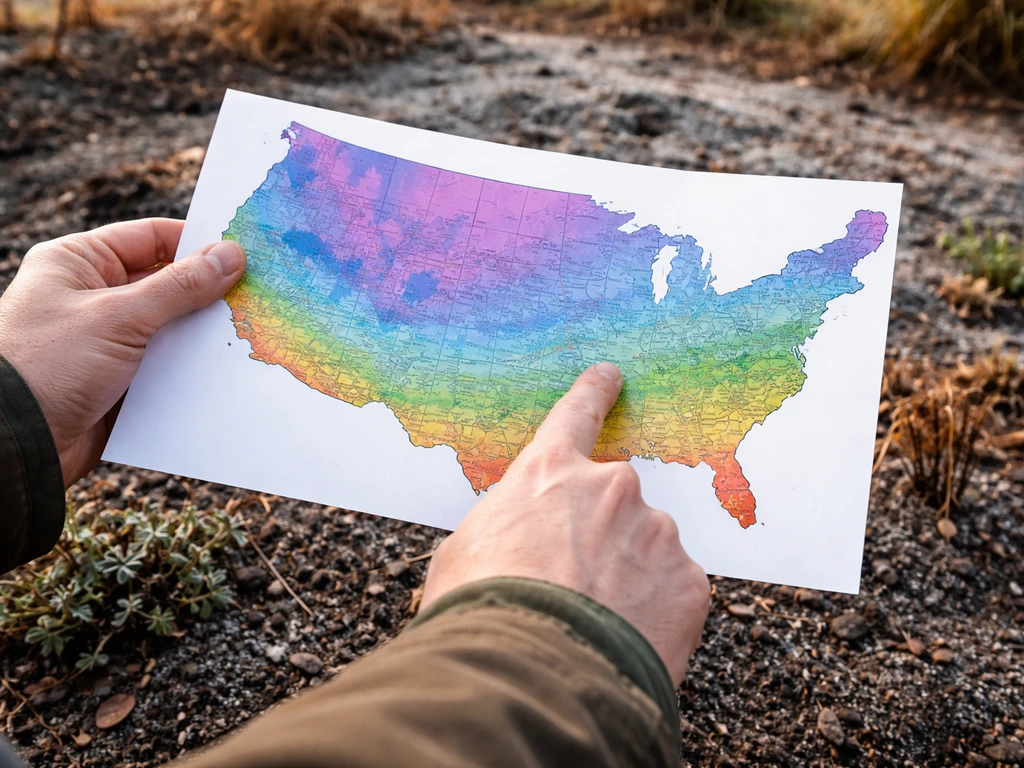 Gardener’s hands comparing a hardiness zone map overlay to a frost-prone backyard planting area