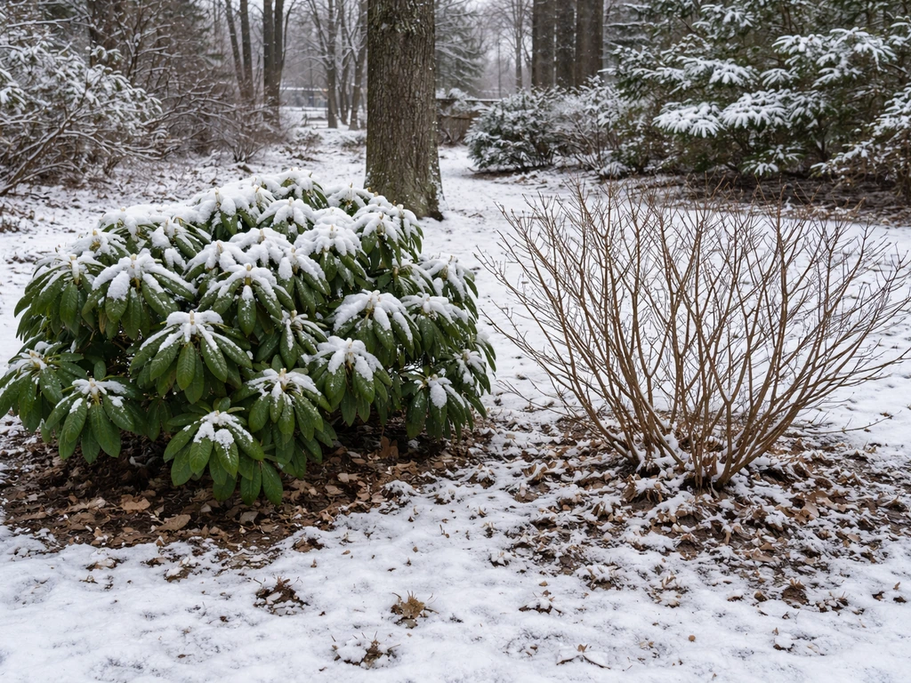 Two rhododendron shrubs side-by-side in Minnesota winter: one evergreen with leaves, one deciduous with bare branches.