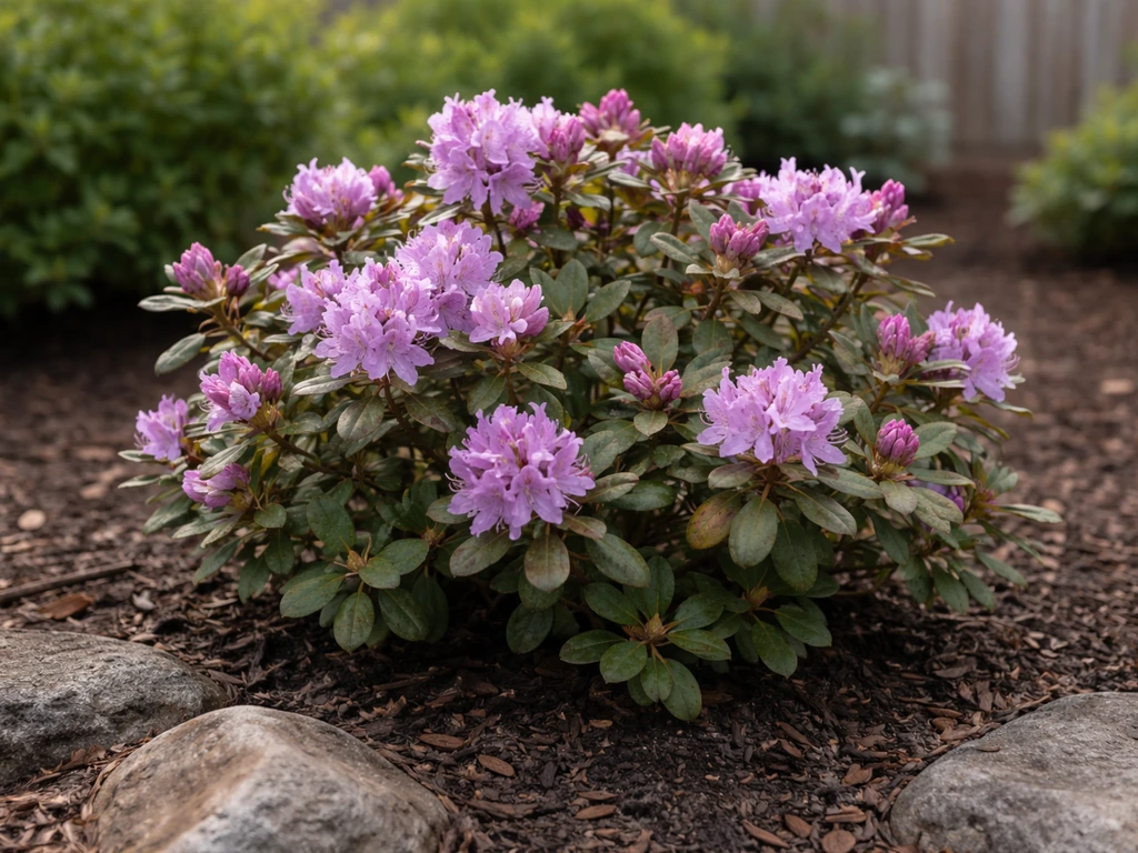 Cold-hardy PJM rhododendron shrub with lavender-pink blooms in a nursery garden bed