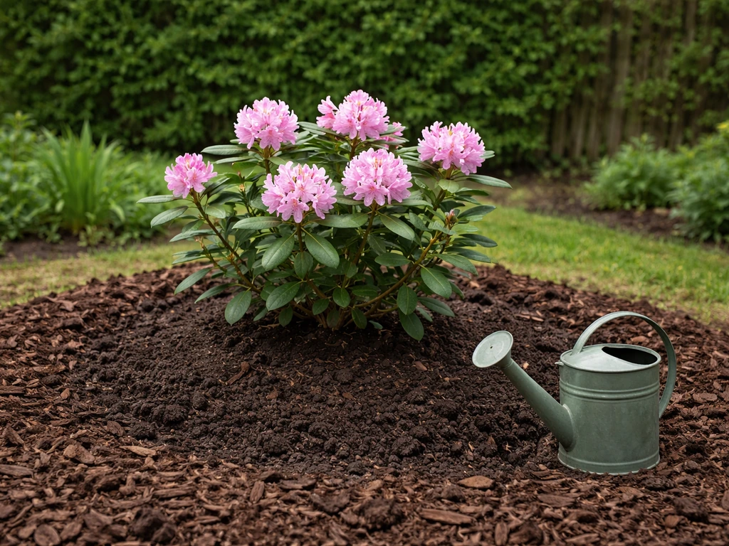 Rhododendron planted in a raised mulched bed beside a wind-sheltered fence, with a watering can nearby.