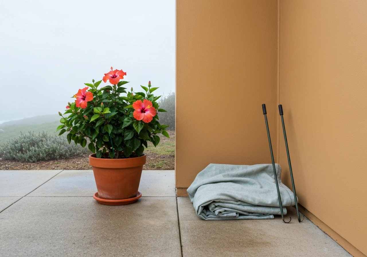 Potted tropical hibiscus on a sheltered patio near a south-facing wall, with frost cloth ready nearby.