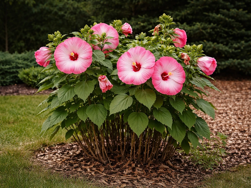 Hardy hibiscus in a Wisconsin garden with late-summer blooms against a northern landscape
