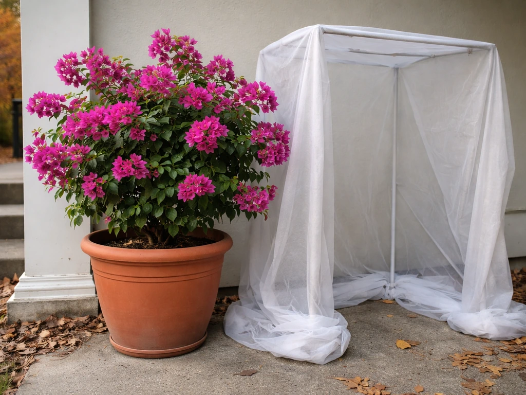 Bougainvillea in a pot on a porch with frost cover ready for cold weather