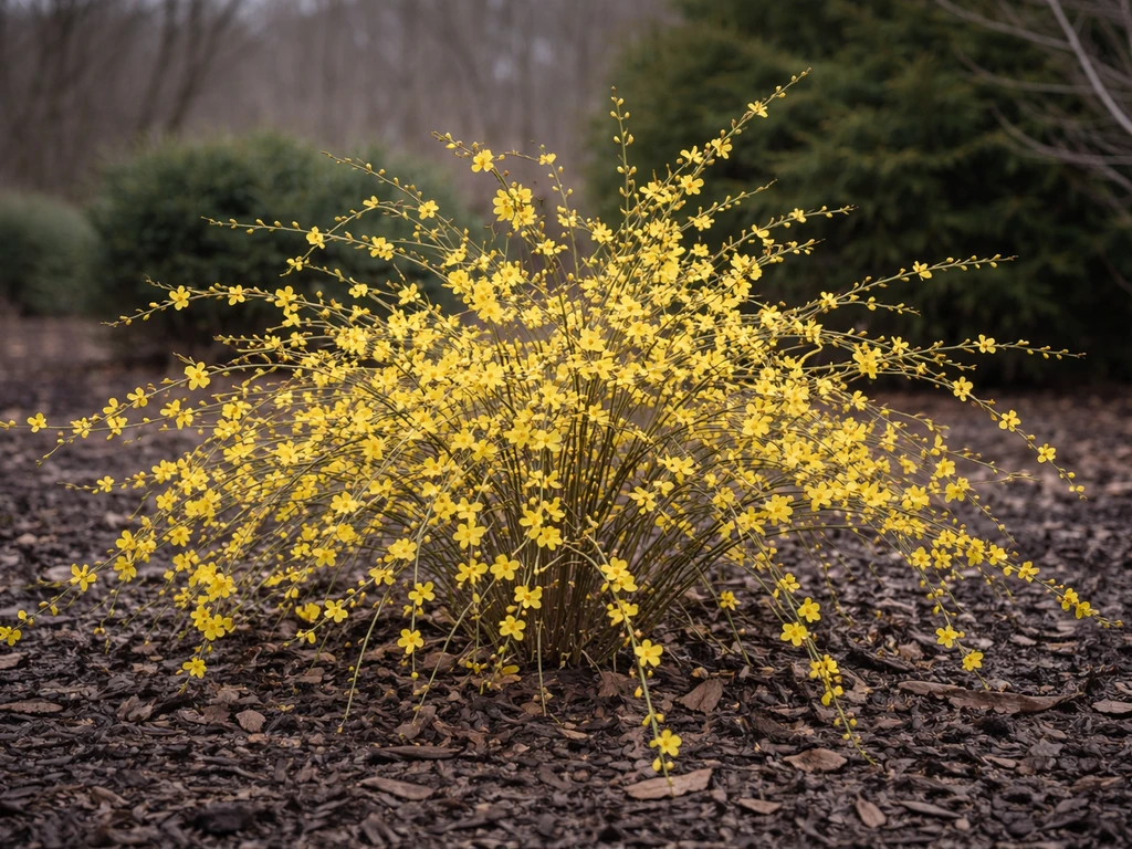 Winter jasmine shrub blooming with yellow flowers in a cool-season Indiana garden backdrop.