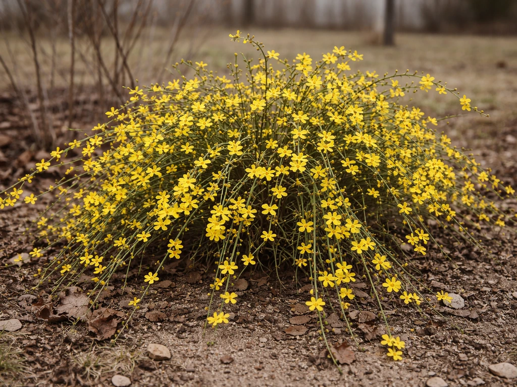 Winter jasmine shrub with bright yellow blooms in a simple Indiana garden setting.