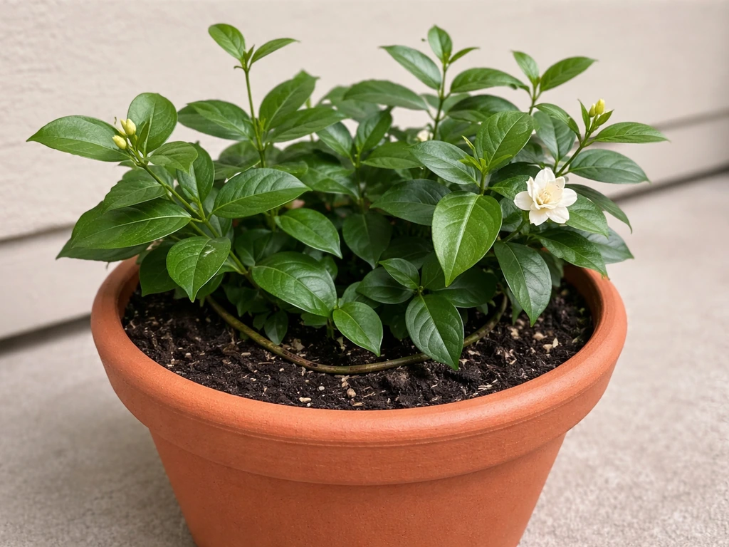 Glossy evergreen star jasmine in a terracotta pot beside a simple patio wall