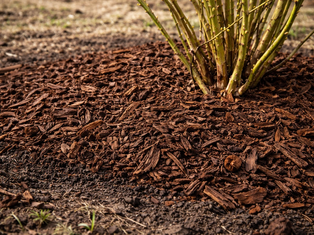 Mulch insulation layer spread over the root zone of winter jasmine in a garden bed