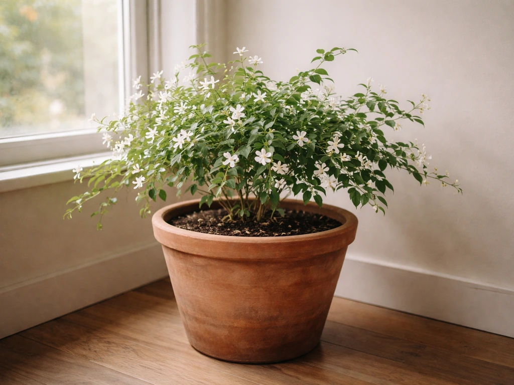 Jasmine in a terracotta container indoors by a window during winter