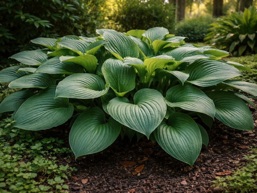 Lush hosta bed in dappled shade with moist mulch in a subtropical-looking South Carolina garden.